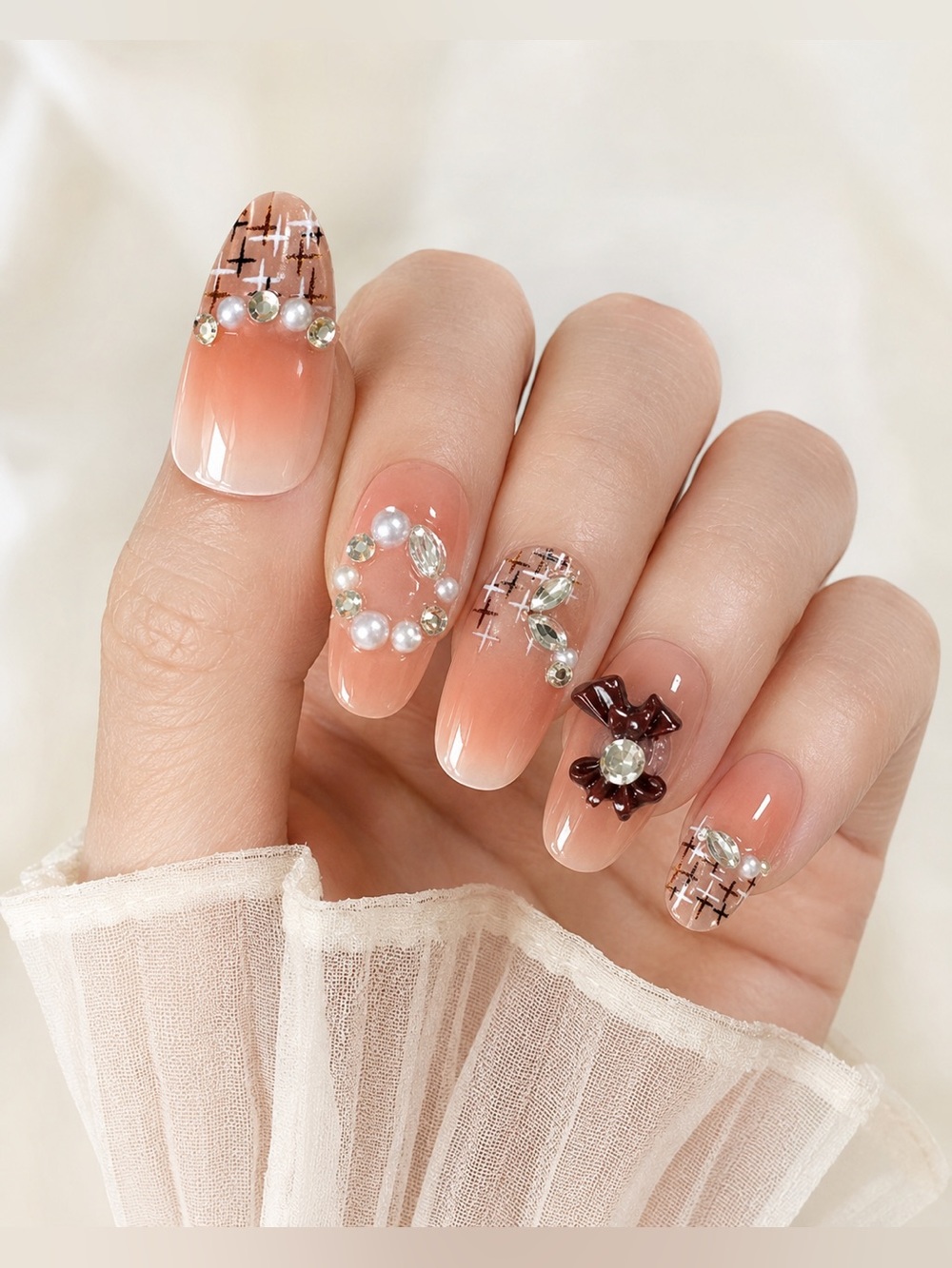 Coquette Peach Plaid Pearl Bow Press On Nails